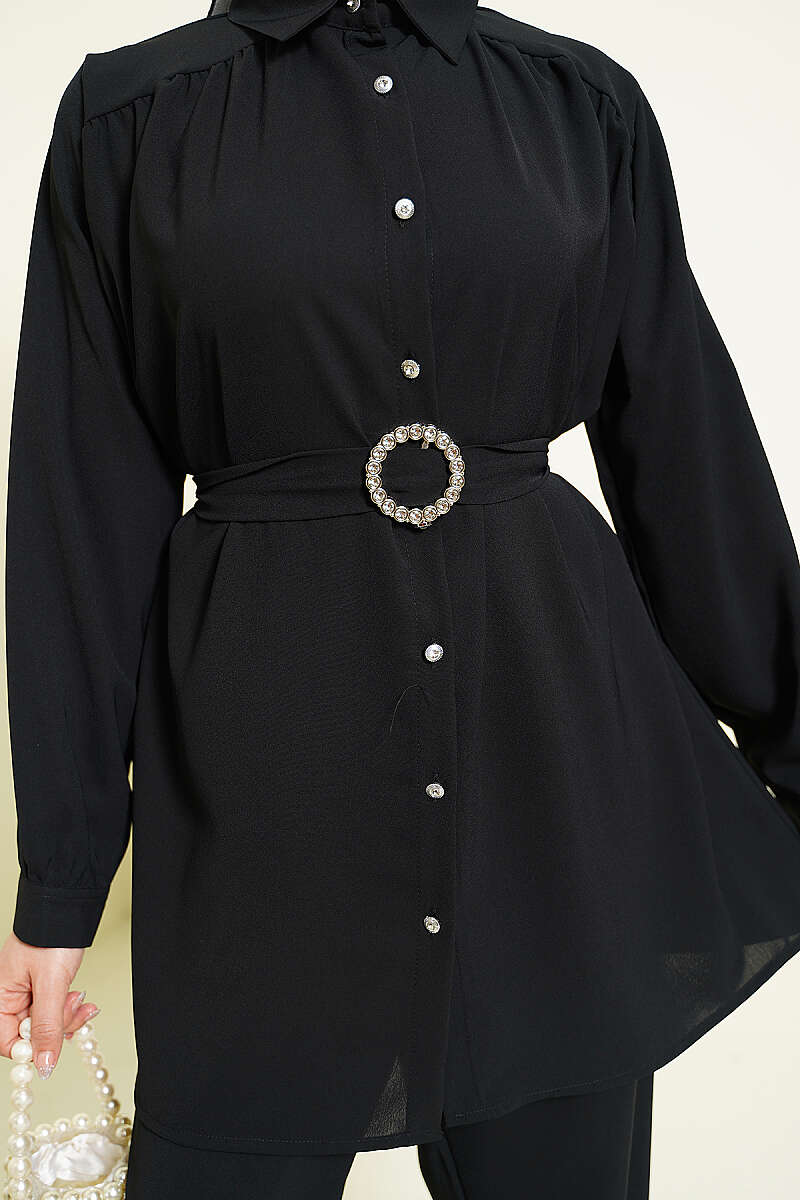 Belted Two-Piece Set with Stone Buckle - Black