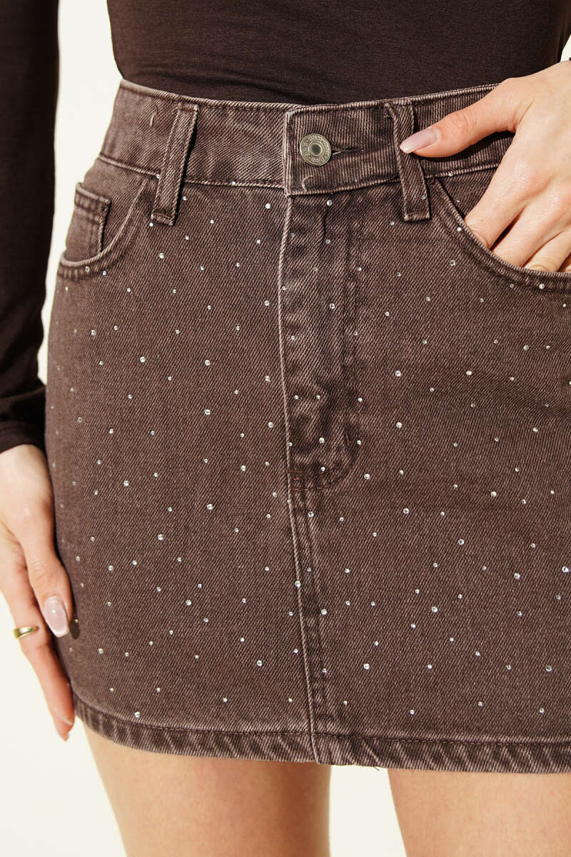 Denim Mini Skirt with Stones - Brown