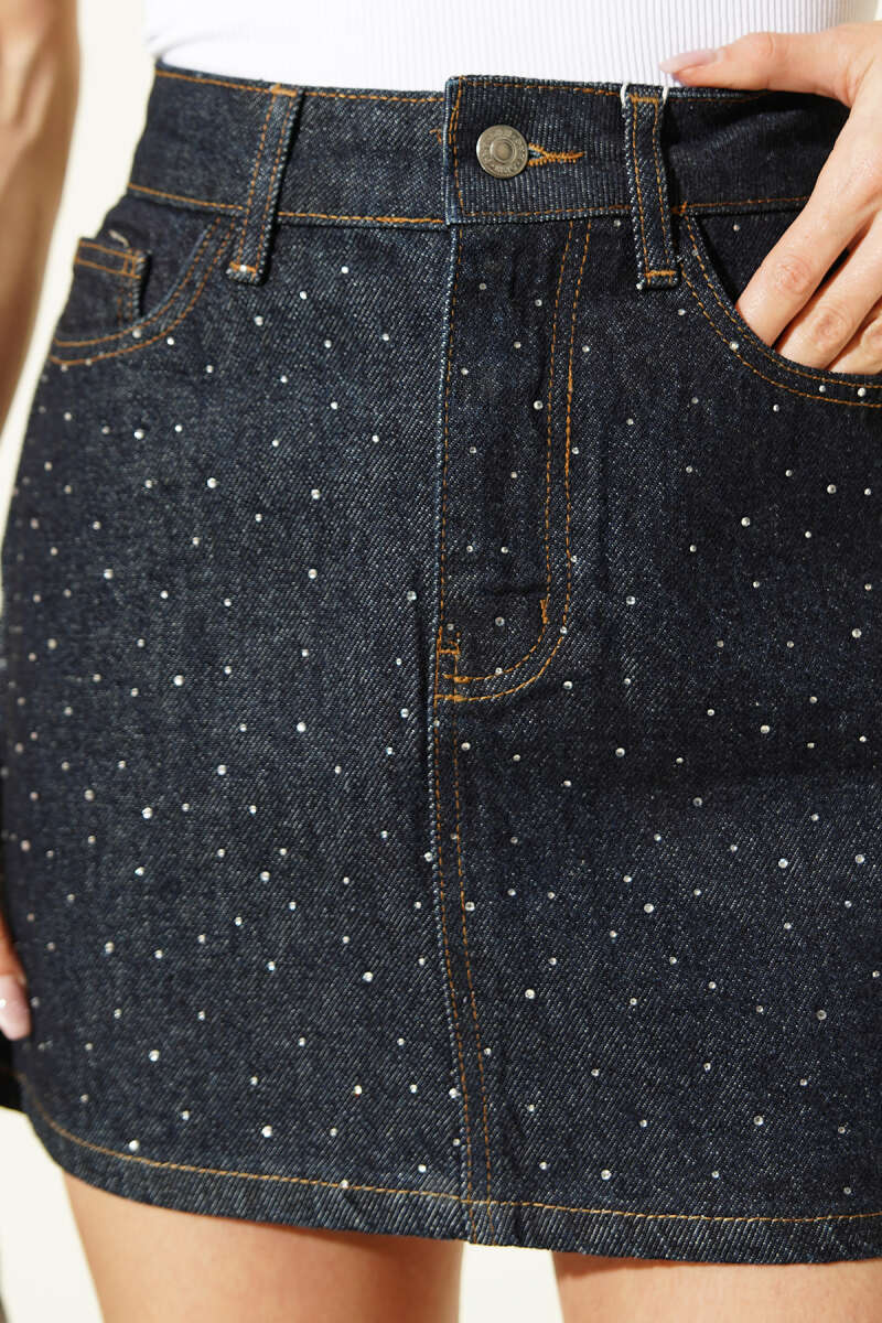 Denim Mini Skirt with Stones - Navy