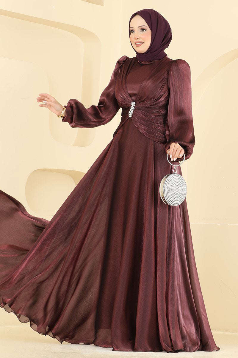 Elegant Embellished Organza Evening Dress - Dark Plum