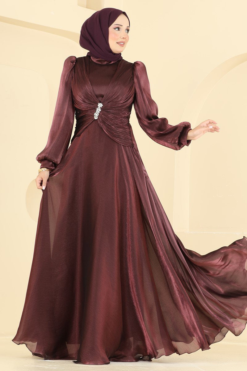 Elegant Embellished Organza Evening Dress - Dark Plum