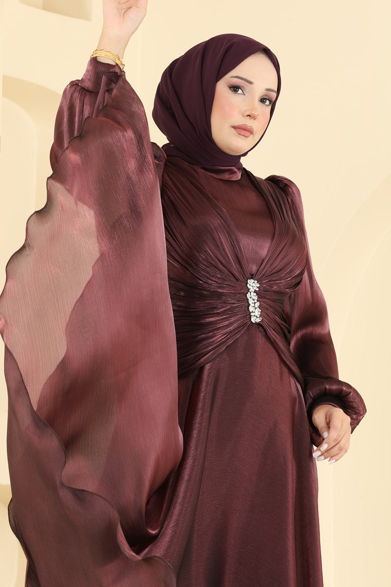 Elegant Embellished Organza Evening Dress - Dark Plum