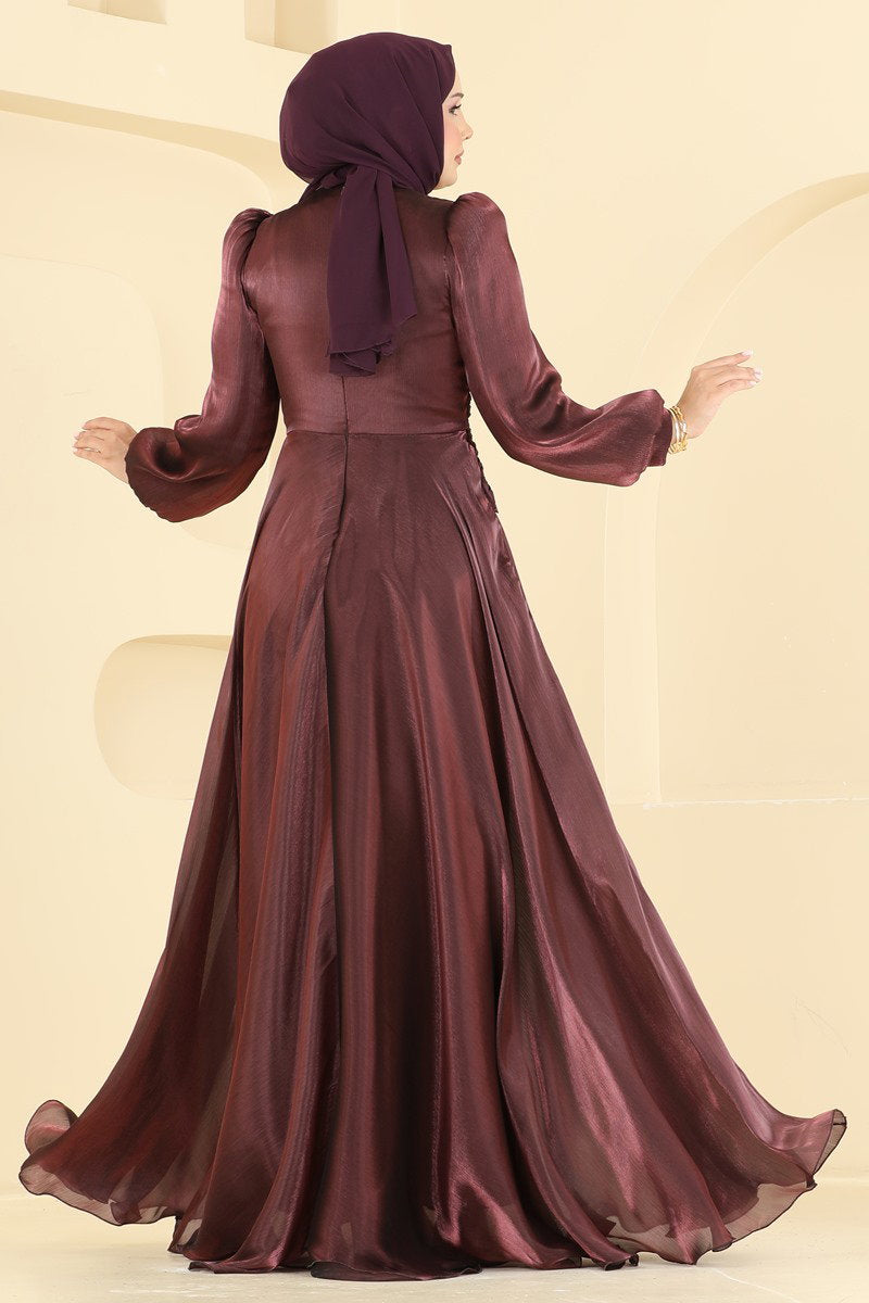 Elegant Embellished Organza Evening Dress - Dark Plum