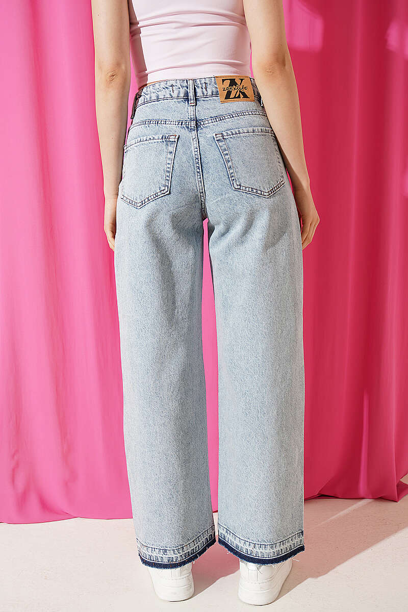 Denim Palazzo Pants with Raw Stone Hem - Light Wash