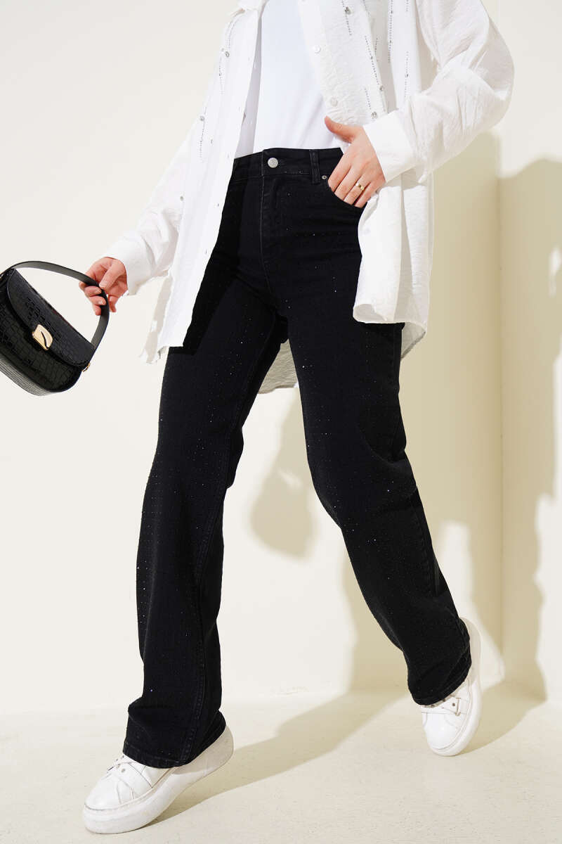 Stone-Embellished Denim Palazzo Pants - Smoke Grey