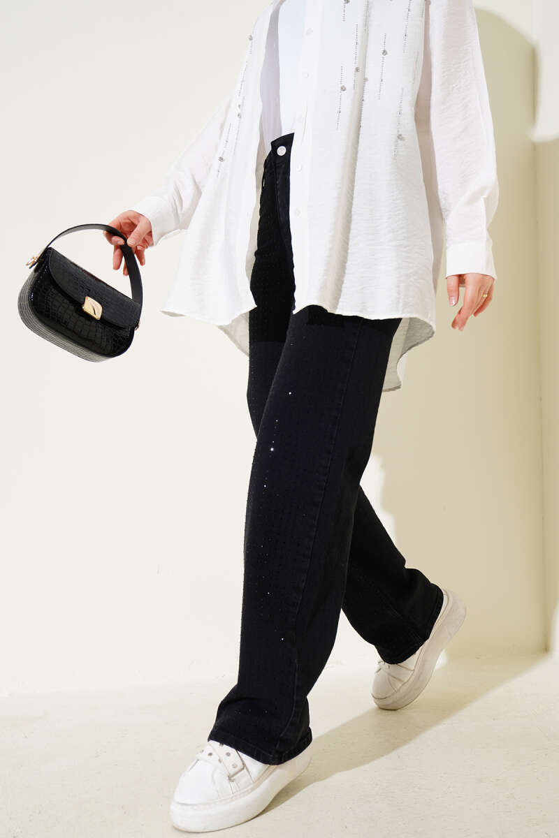 Stone-Embellished Denim Palazzo Pants - Smoke Grey