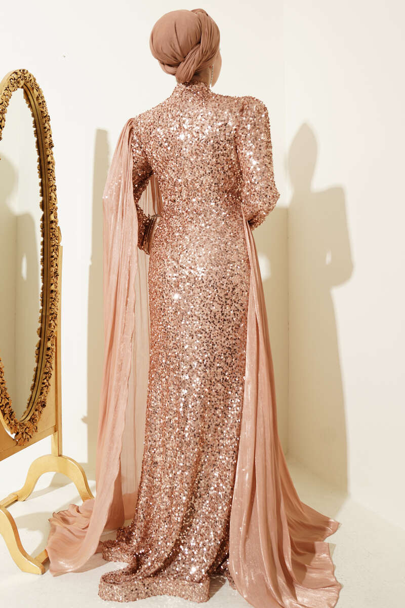 Sequin Evening Dress with Cape and Stones - Copper