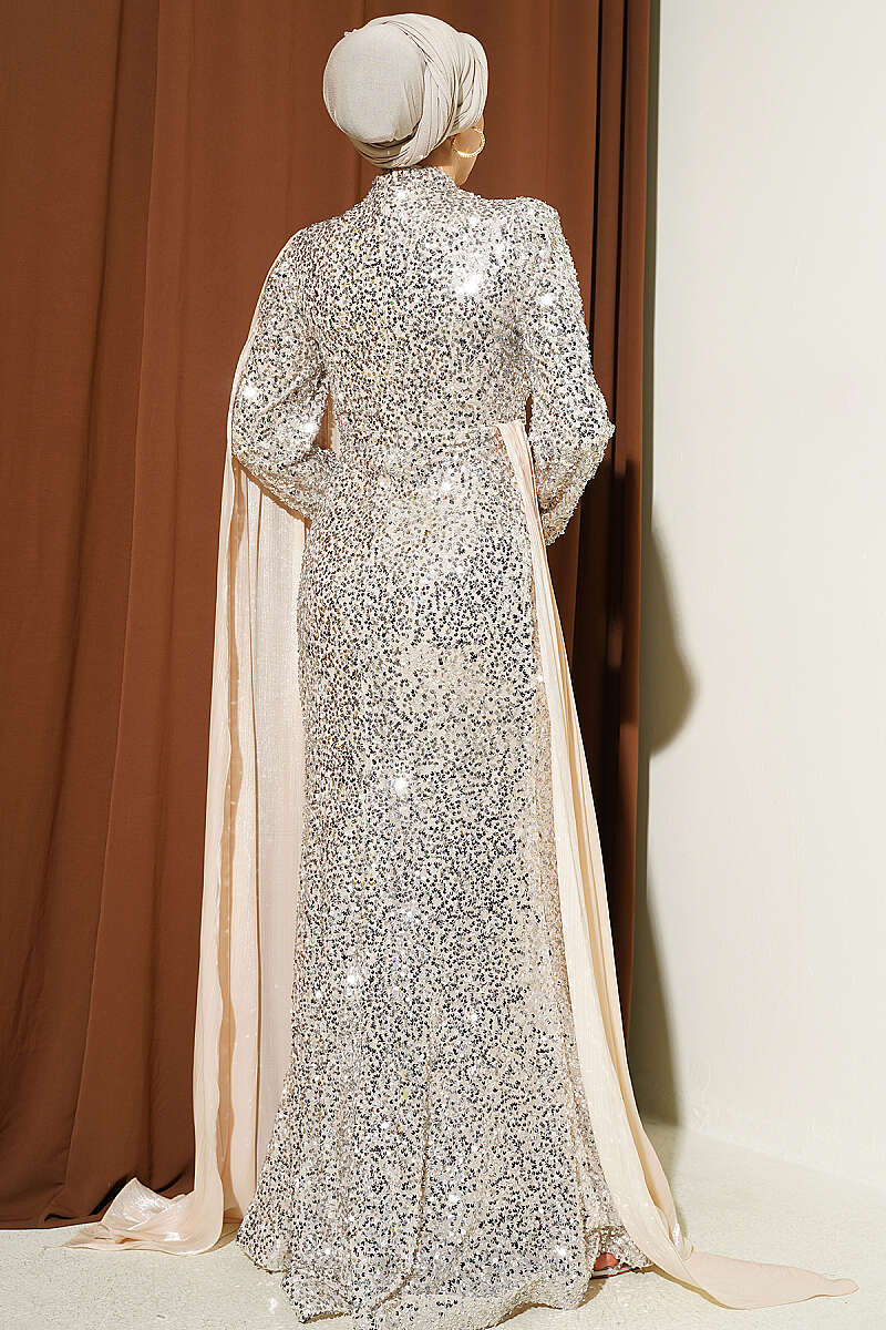 Sequin Evening Dress with Cape and Stones - Beige