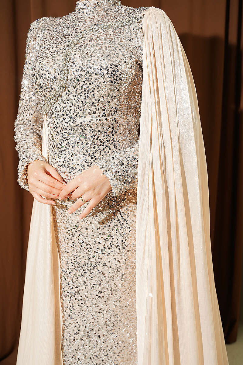 Sequin Evening Dress with Cape and Stones - Beige