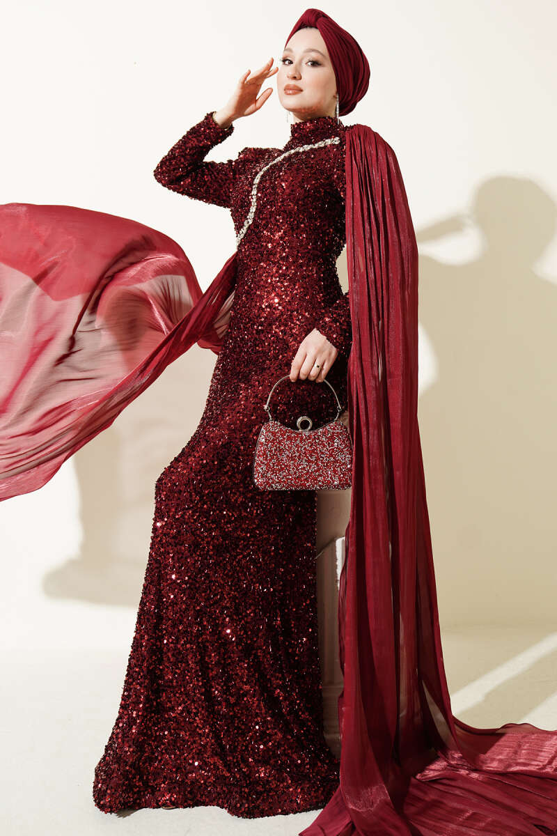 Sequin Evening Dress with Cape and Stones - Burgundy