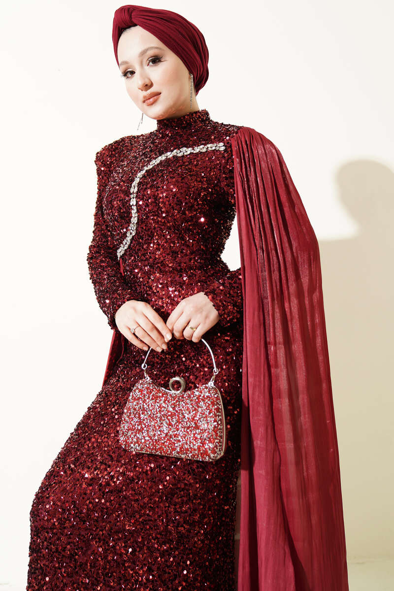 Sequin Evening Dress with Cape and Stones - Burgundy