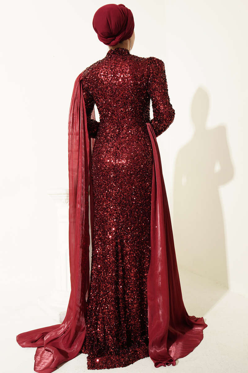 Sequin Evening Dress with Cape and Stones - Burgundy