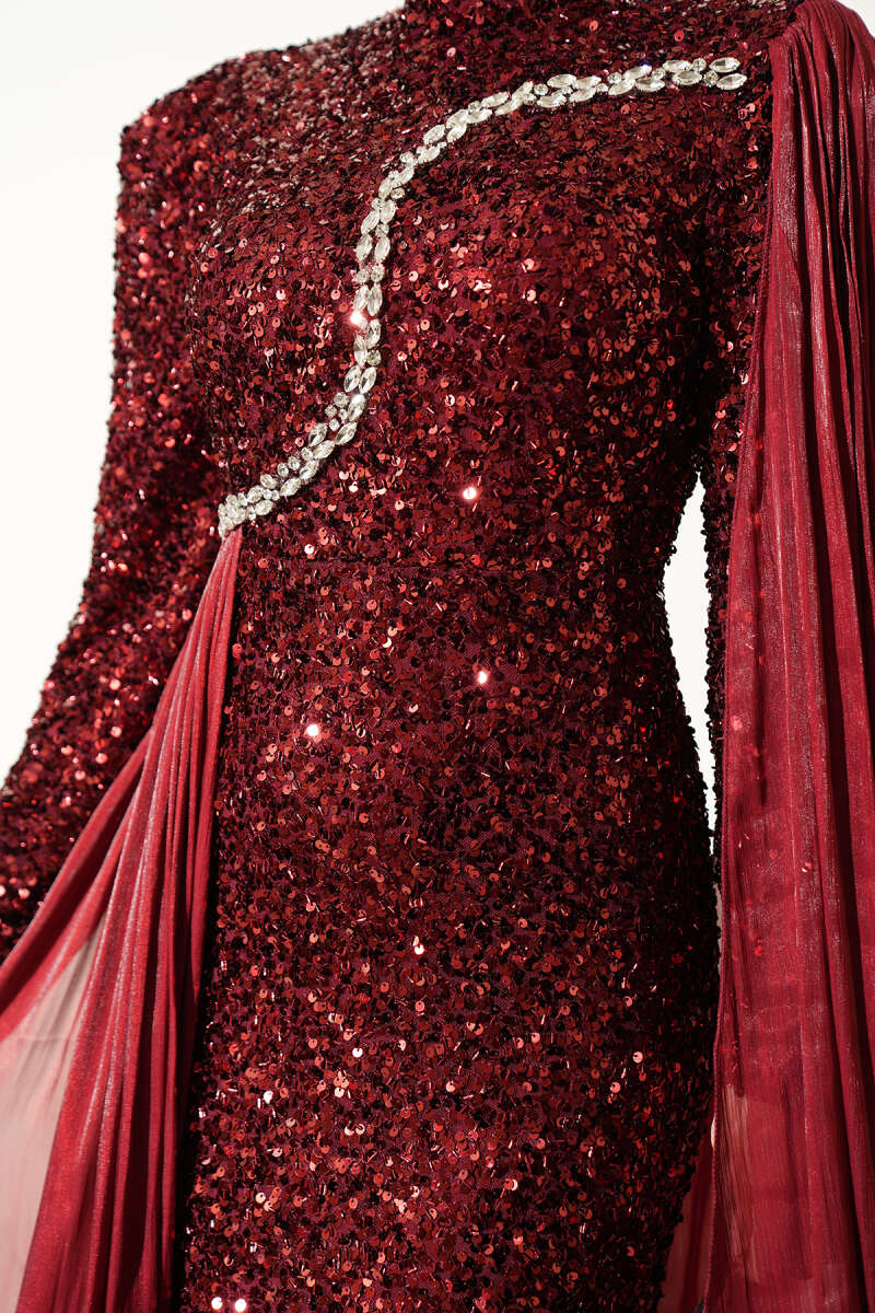 Sequin Evening Dress with Cape and Stones - Burgundy