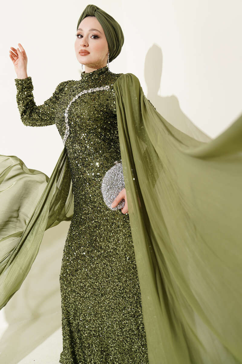 Sequin Evening Dress with Cape and Stones - Khaki