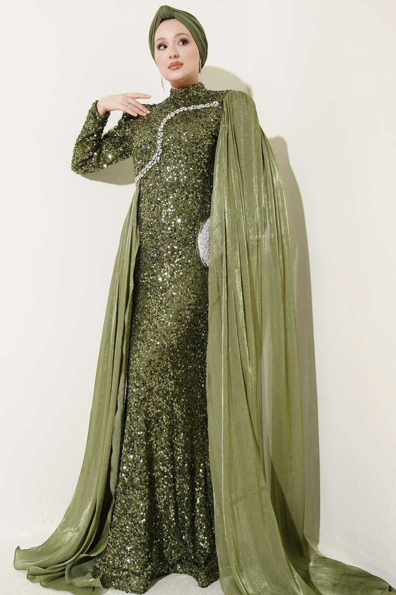 Sequin Evening Dress with Cape and Stones - Khaki