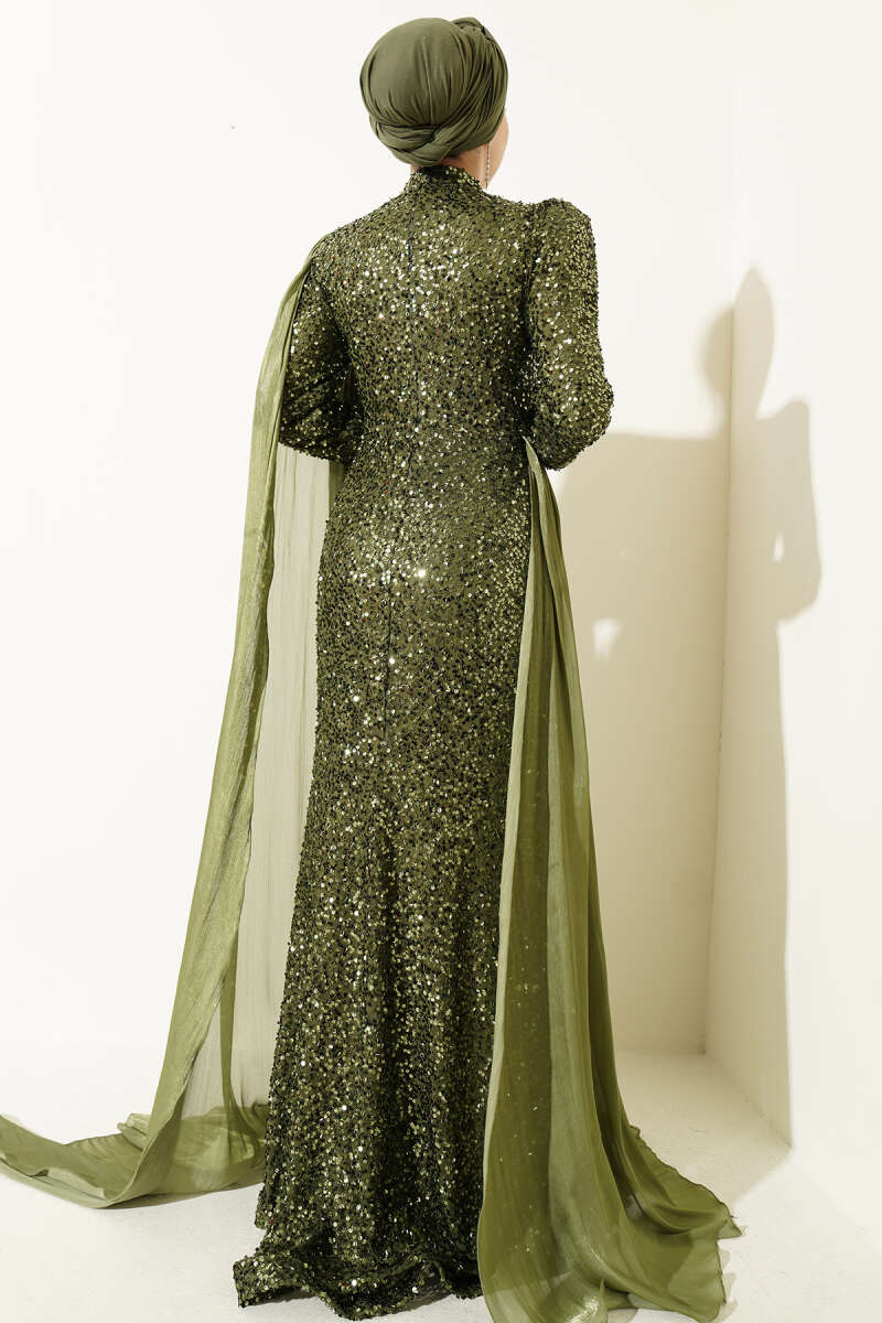 Sequin Evening Dress with Cape and Stones - Khaki