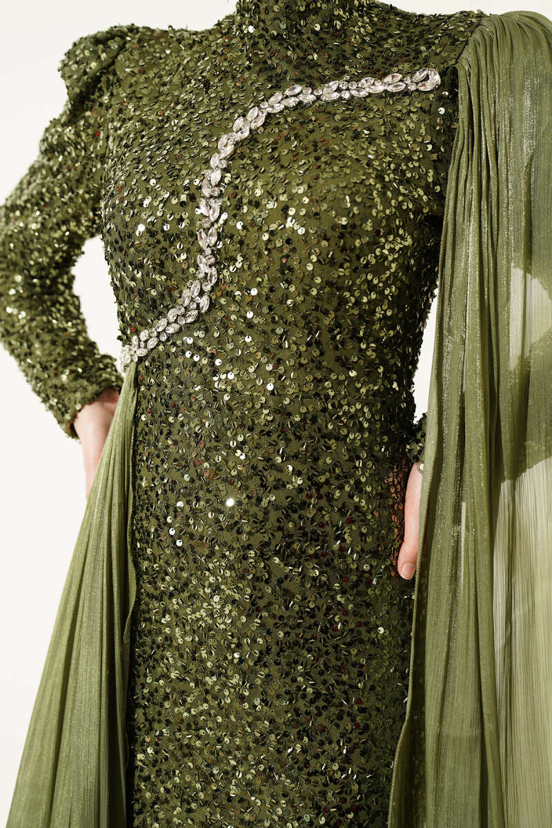 Sequin Evening Dress with Cape and Stones - Khaki