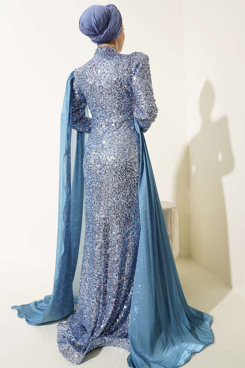 Sequin Evening Dress with Cape and Stones - Indigo