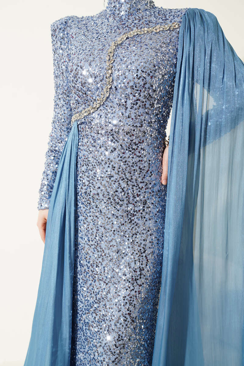 Sequin Evening Dress with Cape and Stones - Indigo