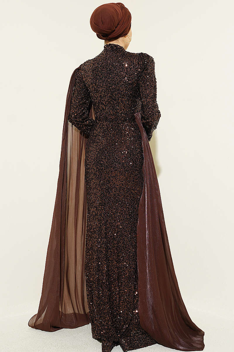Sequin Evening Dress with Cape and Stones - Brown