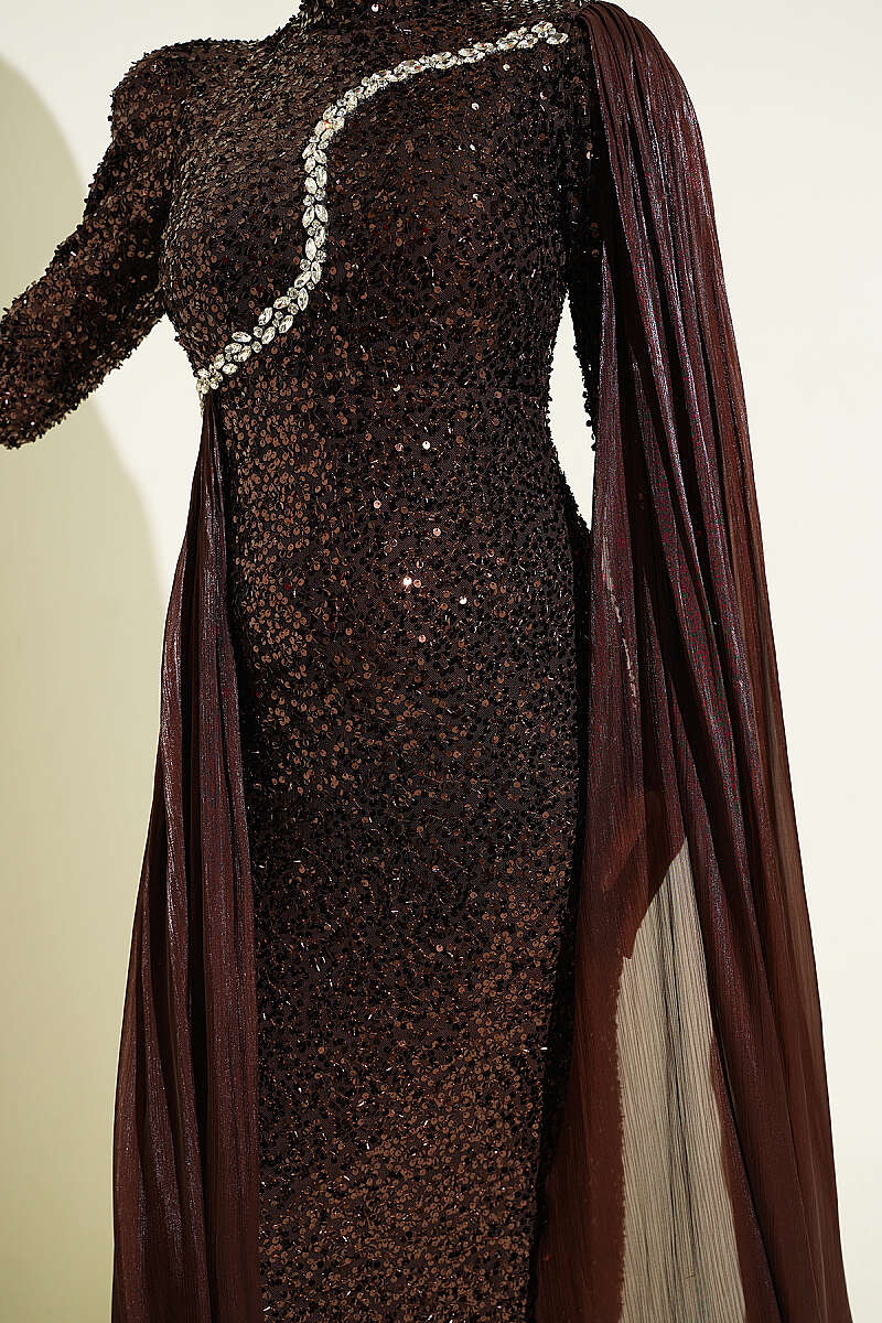 Sequin Evening Dress with Cape and Stones - Brown