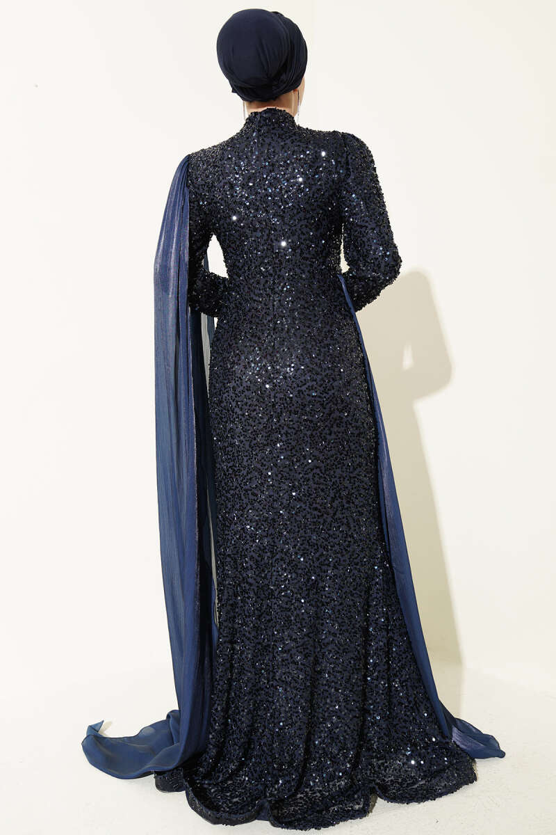Sequin Evening Dress with Cape and Stones - Navy