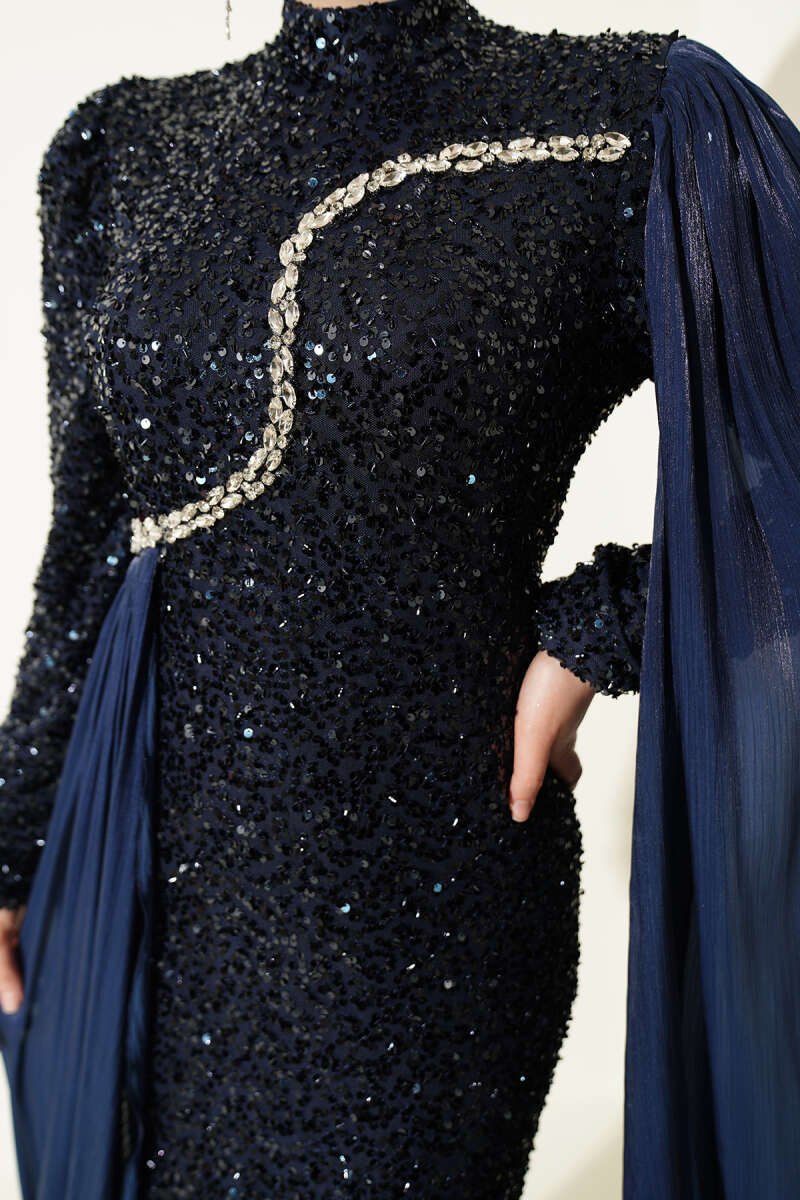 Sequin Evening Dress with Cape and Stones - Navy