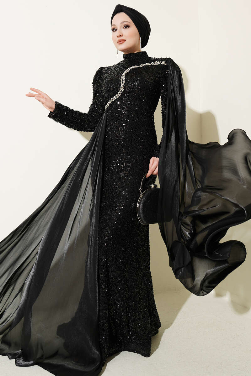 Sequin Evening Dress with Cape and Stones - Black