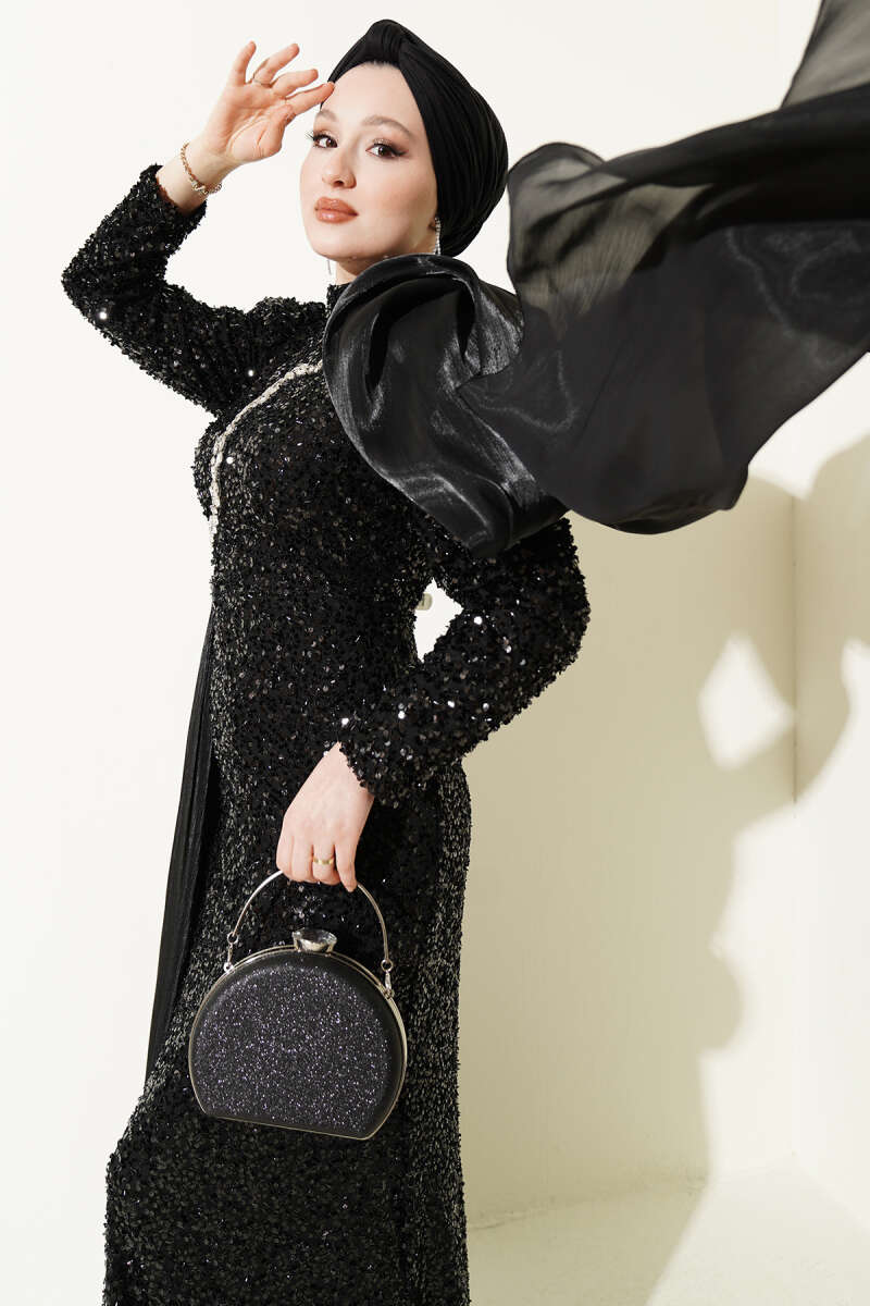 Sequin Evening Dress with Cape and Stones - Black