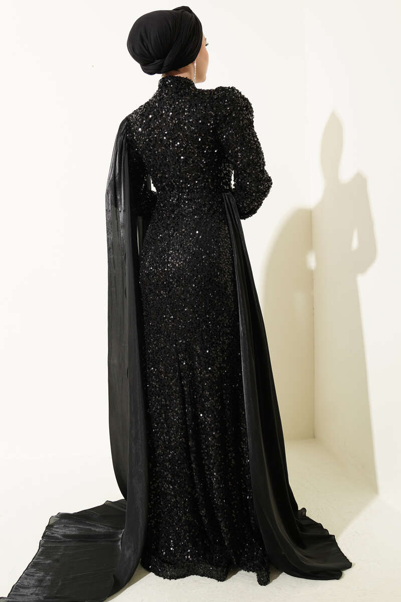 Sequin Evening Dress with Cape and Stones - Black