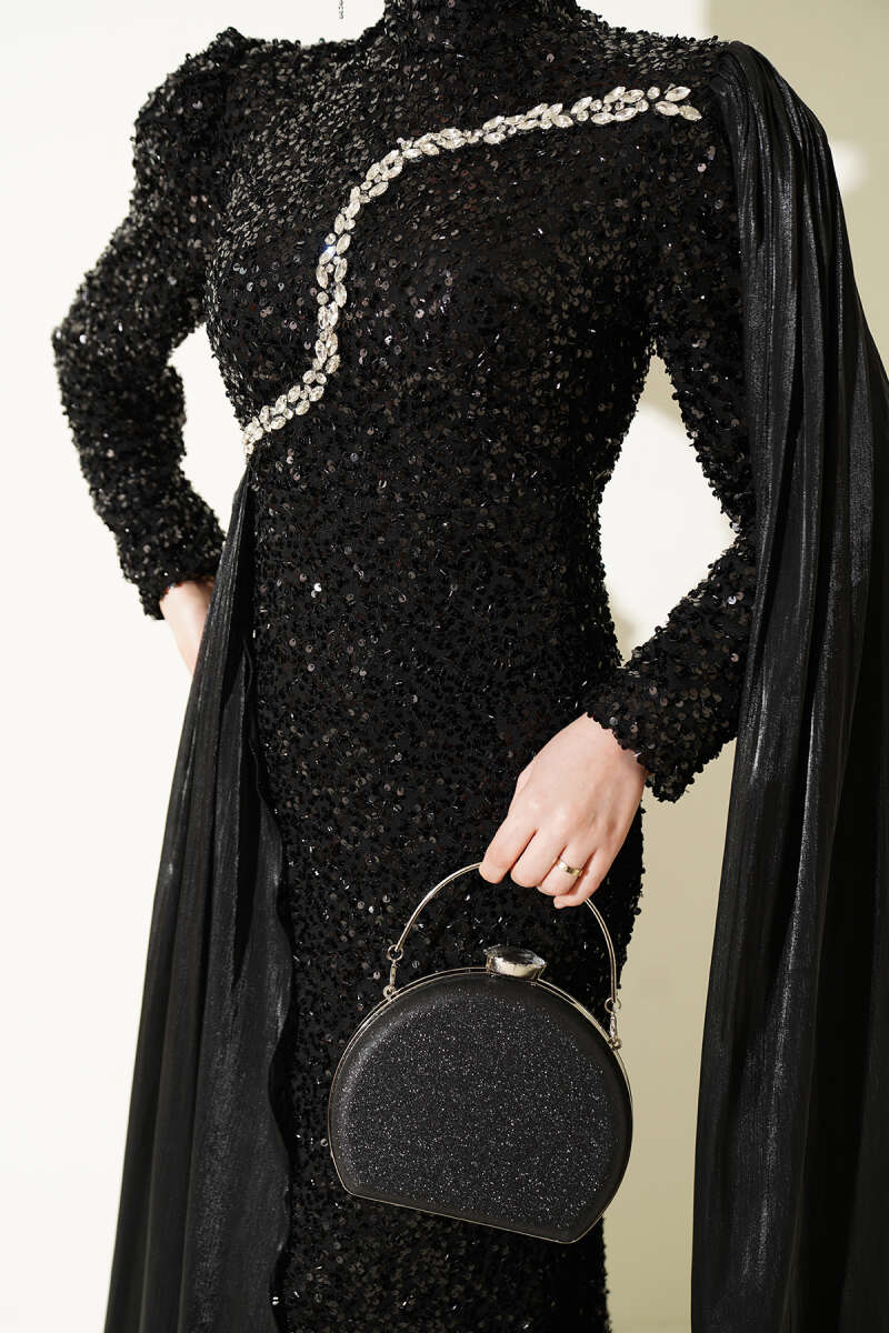 Sequin Evening Dress with Cape and Stones - Black