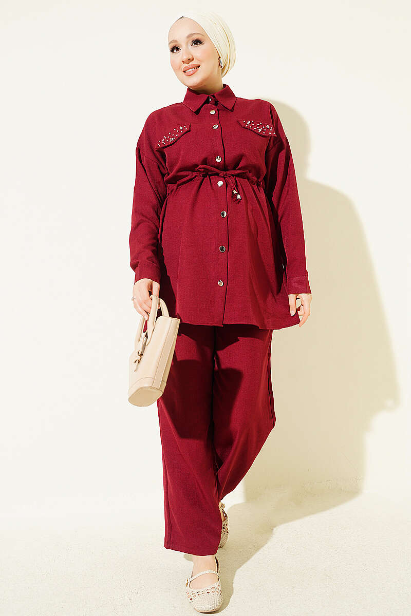 Two-Piece Set with Jewelled Faux Flap Pockets - Burgundy