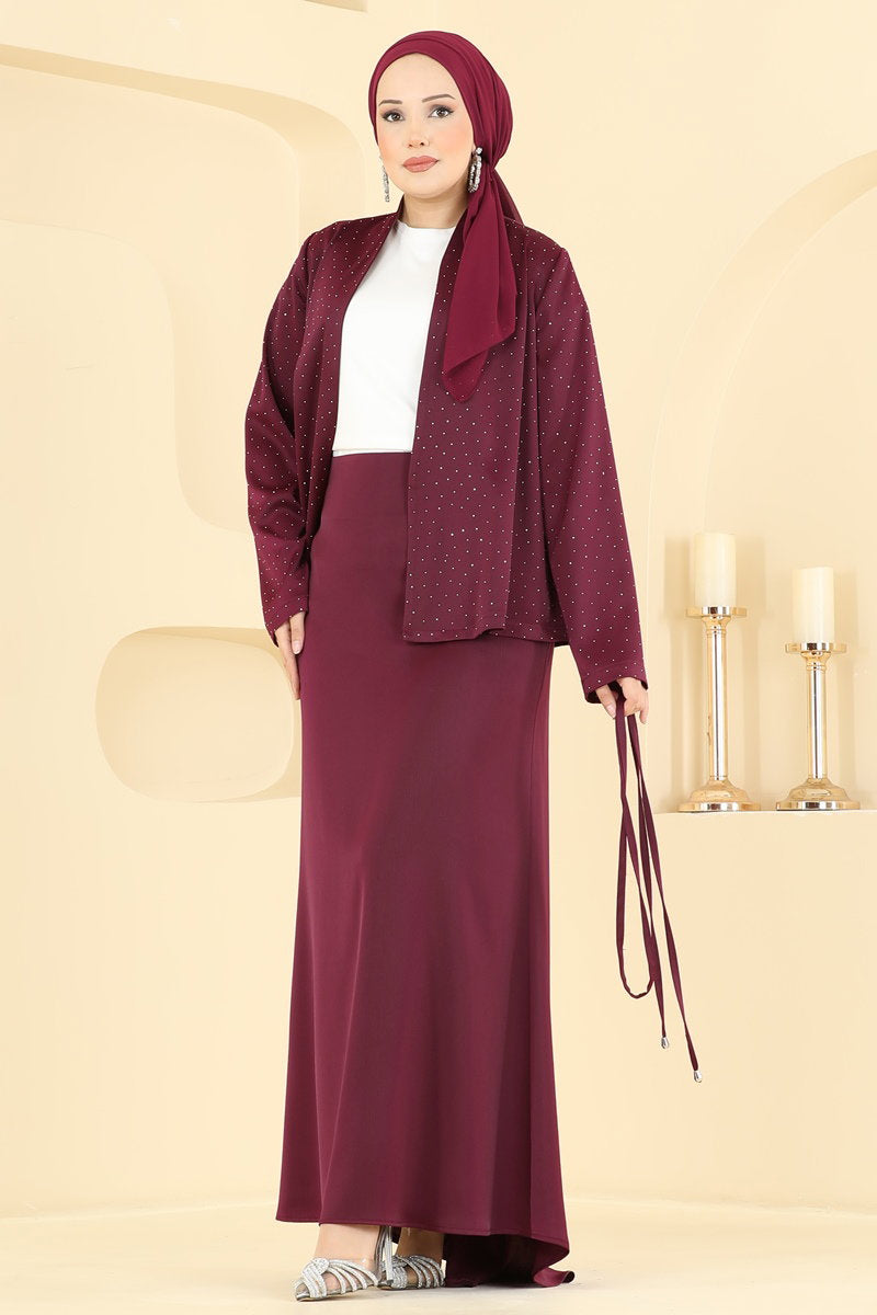 Elegant Embellished Satin Set - Burgundy