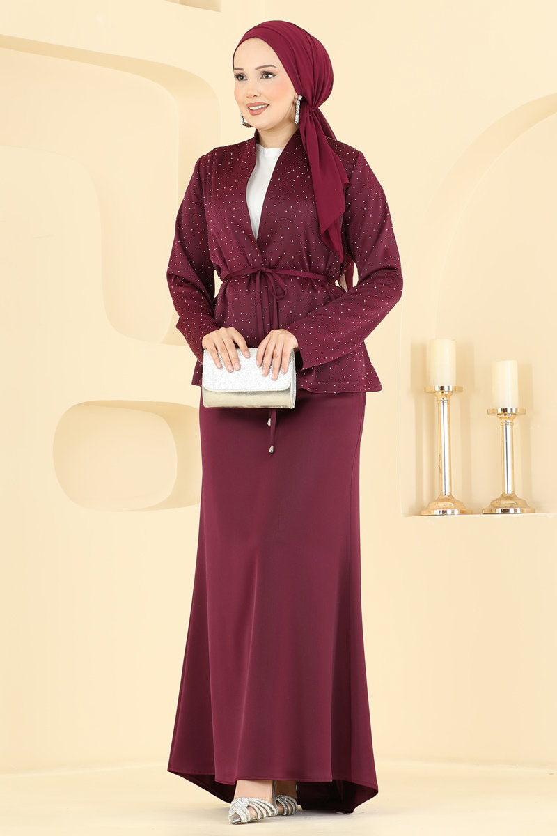 Elegant Embellished Satin Set - Burgundy