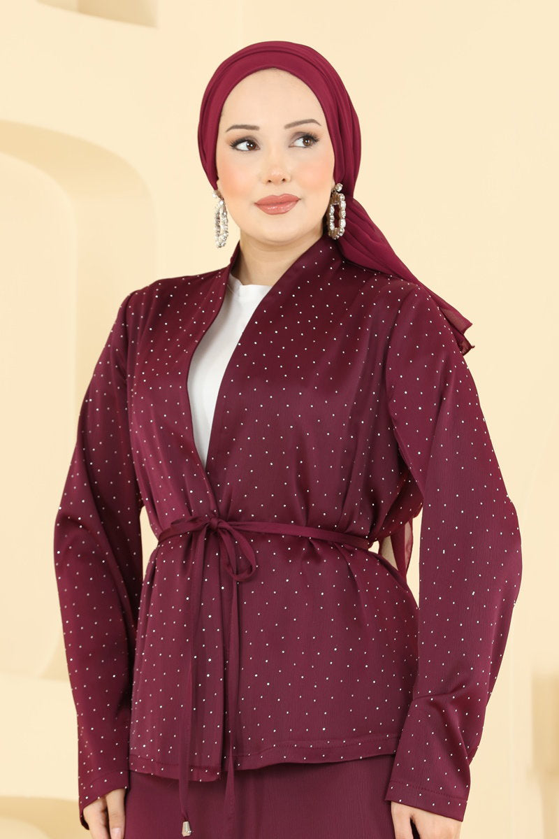 Elegant Embellished Satin Set - Burgundy