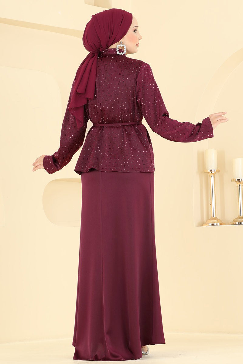 Elegant Embellished Satin Set - Burgundy