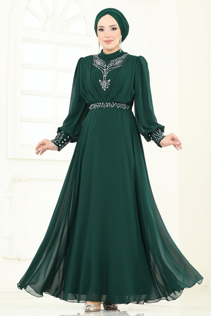 Modest Embellished Chiffon Evening Dress - Emerald