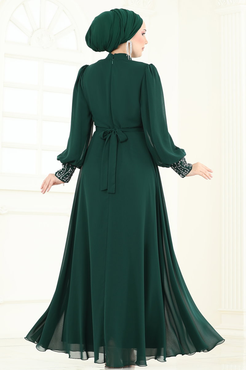 Modest Embellished Chiffon Evening Dress - Emerald