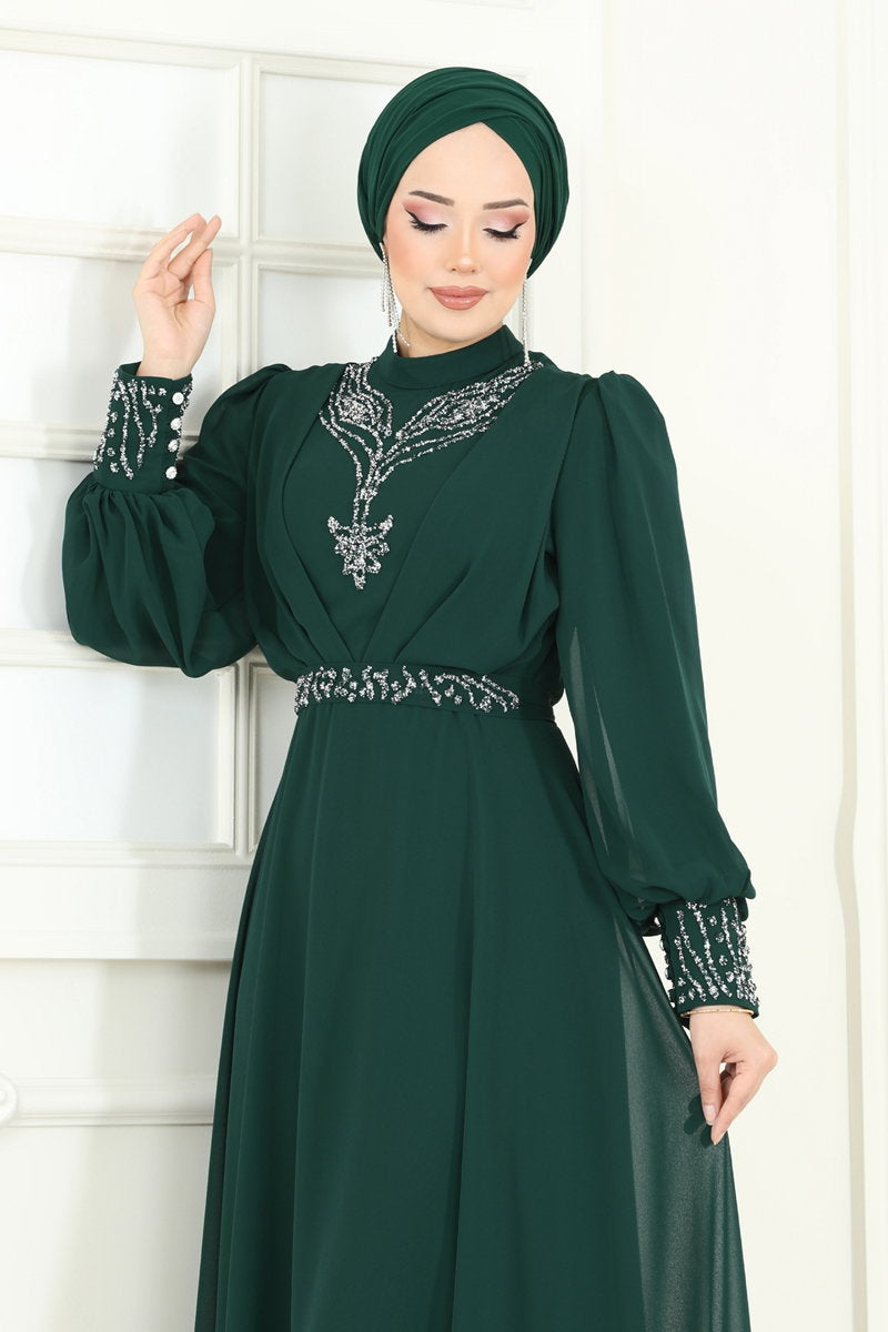 Modest Embellished Chiffon Evening Dress - Emerald
