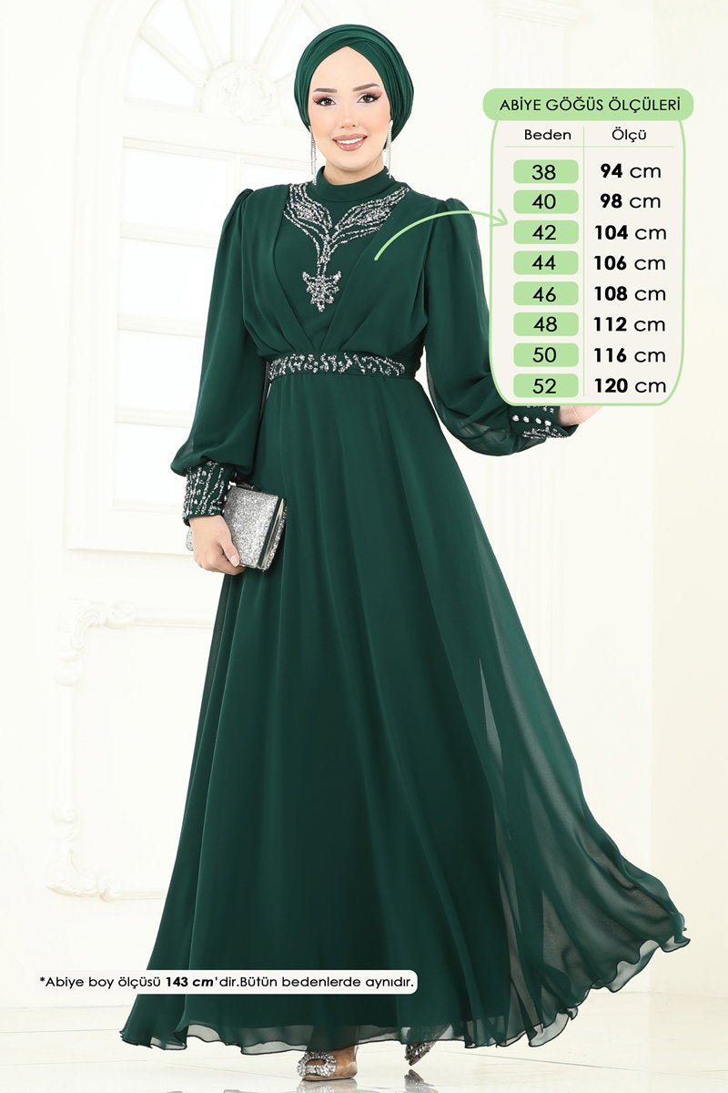 Modest Embellished Chiffon Evening Dress - Emerald