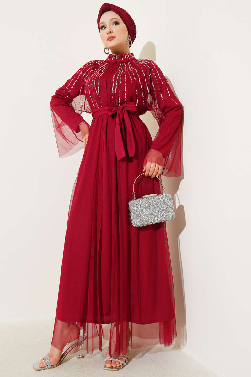 Abaya with Stone Tulle Cape - Burgundy