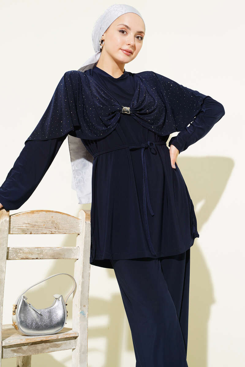 Stone Two-Piece Set with Side Slits - Navy