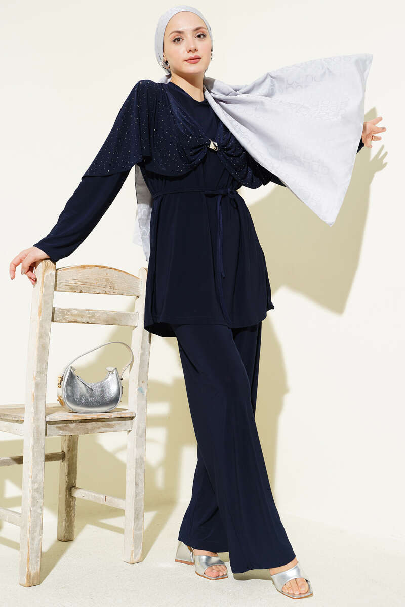Stone Two-Piece Set with Side Slits - Navy