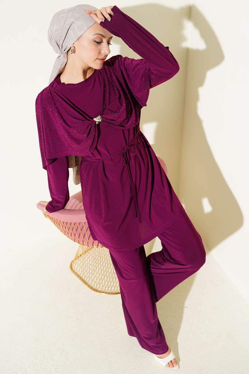Stone Two-Piece Set with Side Slits - Plum