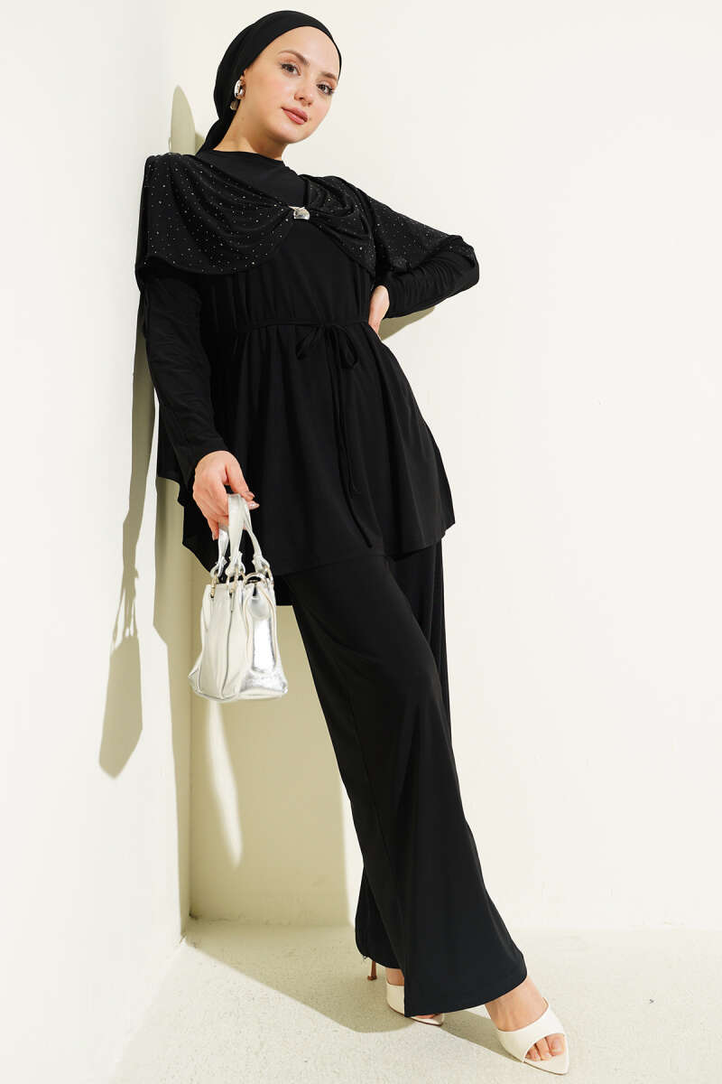 Stone Two-Piece Set with Side Slits - Black