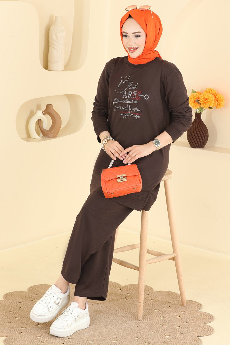 Two-Piece Set with Rhinestone Lettering - Brown