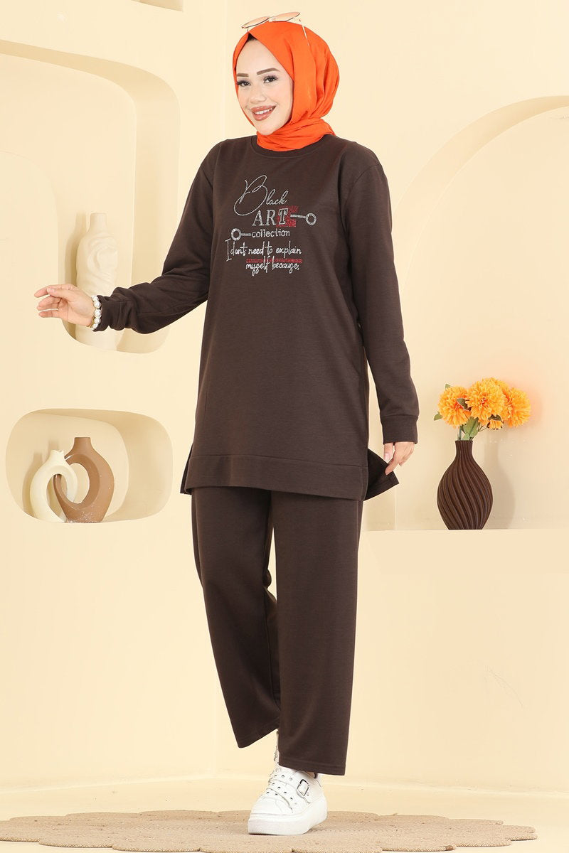 Two-Piece Set with Rhinestone Lettering - Brown
