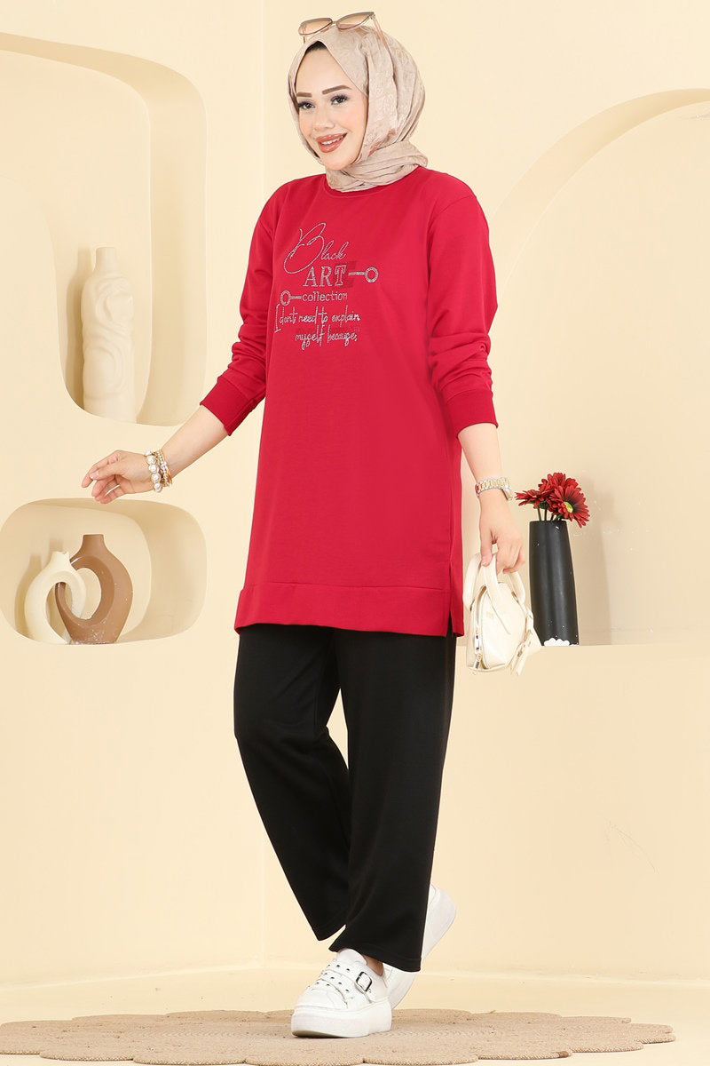 Two-Piece Set with Rhinestone Lettering - Red-Black