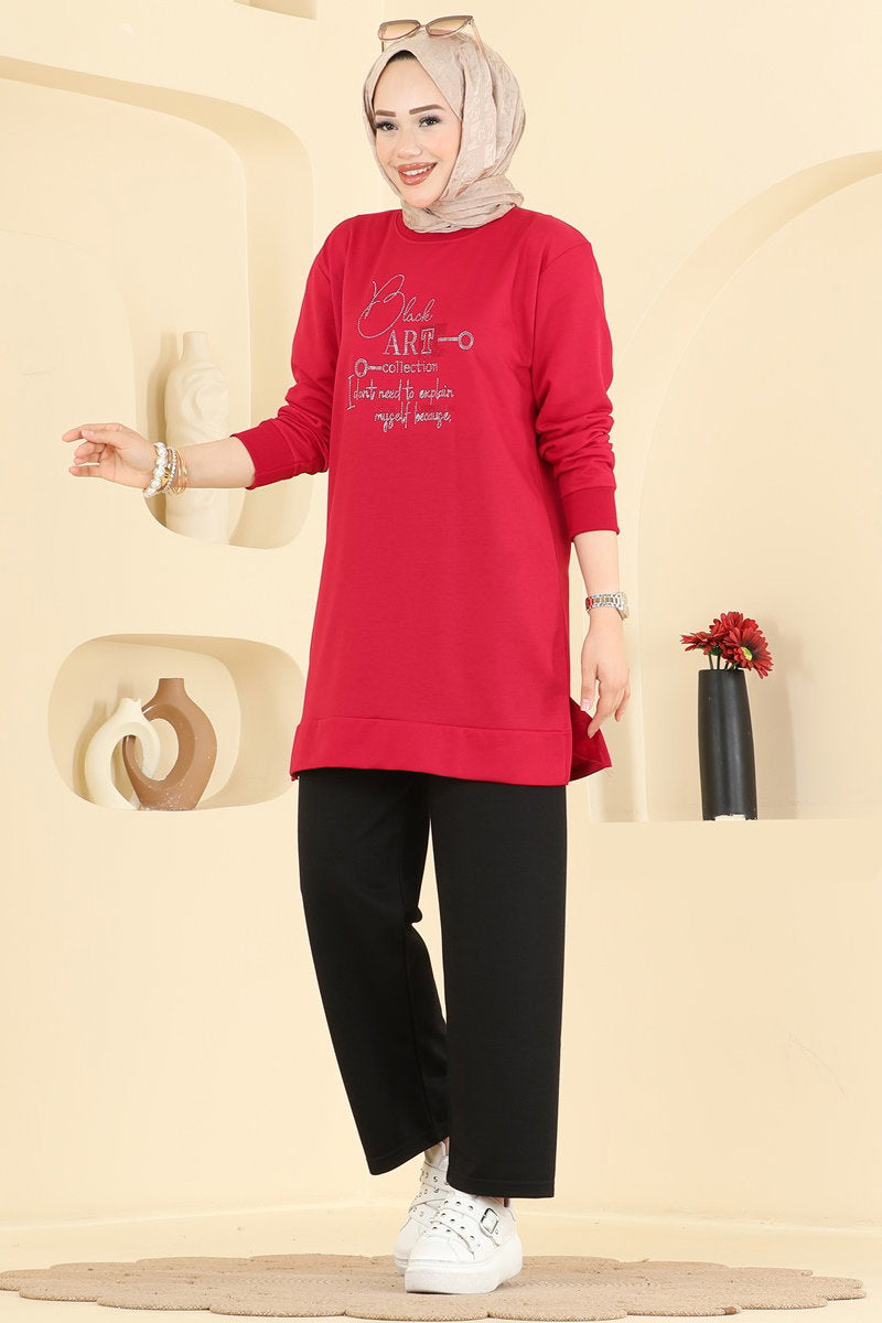 Two-Piece Set with Rhinestone Lettering - Red-Black