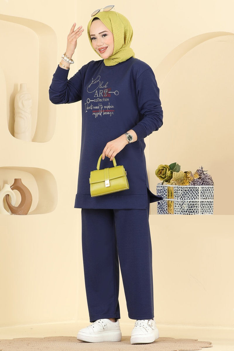 Two-Piece Set with Rhinestone Lettering - Navy